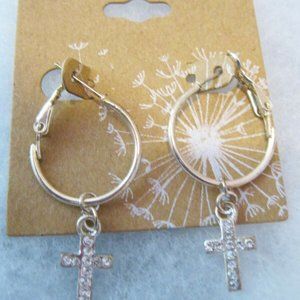 Christian Gold Tone Hoop with Rhinestones Cross Earrings